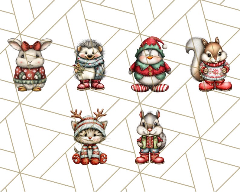 May include: Watercolor illustrations of six adorable Christmas-themed animals. A bunny, hedgehog, penguin, squirrel, and two other squirrels are dressed in festive sweaters, hats, and scarves. The background is a white geometric pattern.