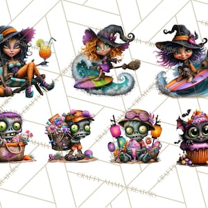 May include: A collection of whimsical Halloween-themed digital illustrations. The images feature cartoon witches, zombies, and a bat cupcake. The witches are depicted surfing and relaxing. The zombies are shown with flowers, ice cream, and beach accessories.