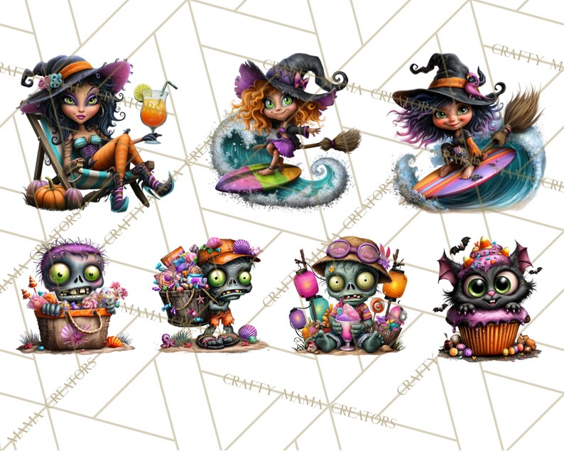 May include: A collection of whimsical Halloween-themed digital illustrations. The images feature cartoon witches, zombies, and a bat cupcake. The witches are depicted surfing and relaxing. The zombies are shown with flowers, ice cream, and beach accessories.
