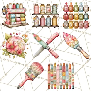 May include: Watercolor illustrations of sewing and crafting tools. Includes a pink sewing machine, spools of thread, a pincushion, knives, paintbrushes, and pencils. The tools are decorated with floral patterns and pastel colors.