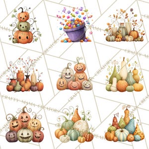 May include: Watercolor illustrations of pumpkins and gourds in various arrangements. Some pumpkins have carved faces, while others are stacked or grouped with candles and vases. The color palette includes orange, green, and cream, with decorative vines and leaves.