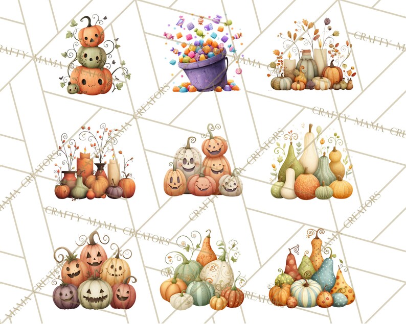 May include: Watercolor illustrations of pumpkins and gourds in various arrangements. Some pumpkins have carved faces, while others are stacked or grouped with candles and vases. The color palette includes orange, green, and cream, with decorative vines and leaves.