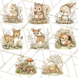 May include: A collection of watercolour illustrations featuring woodland creatures such as squirrels, a rabbit, a fox, and deer. The animals are rendered in soft colours, surrounded by flowers and foliage. The image has a whimsical, storybook aesthetic.