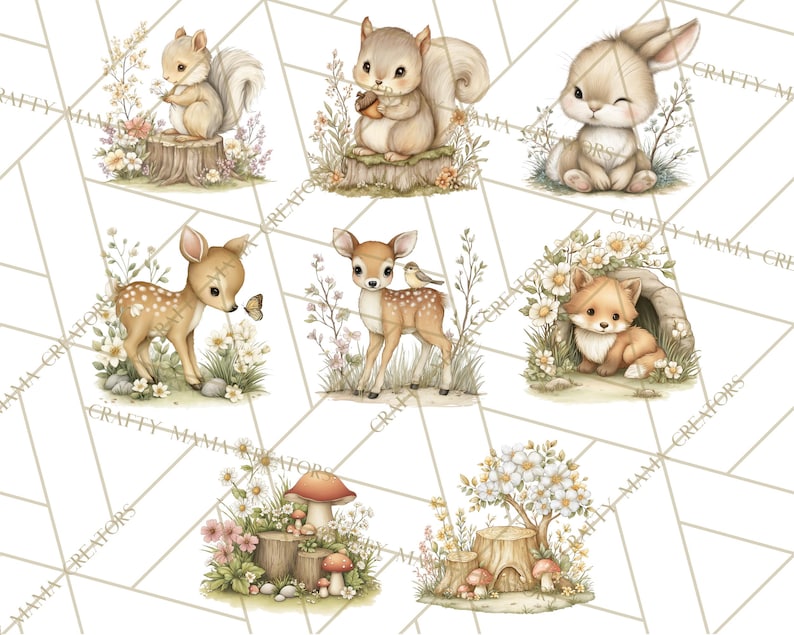 May include: A collection of watercolour illustrations featuring woodland creatures such as squirrels, a rabbit, a fox, and deer. The animals are rendered in soft colours, surrounded by flowers and foliage. The image has a whimsical, storybook aesthetic.