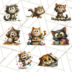 May include: A collection of cartoon cat illustrations in various poses. One cat is tangled in Christmas lights, another is in a box with gifts, and others are playing with cookies or butterflies. The cats have expressive eyes and are in a whimsical style.