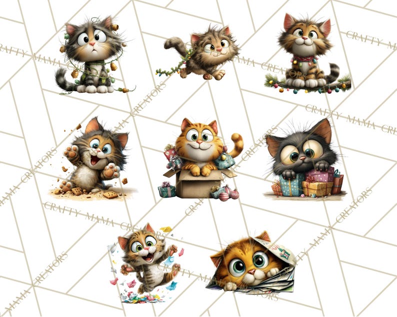 May include: A collection of cartoon cat illustrations in various poses. One cat is tangled in Christmas lights, another is in a box with gifts, and others are playing with cookies or butterflies. The cats have expressive eyes and are in a whimsical style.