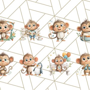 May include: A collection of eight cartoon monkey illustrations. Each monkey is depicted in a different pose, some holding objects like binoculars, balloons, or a penguin. The monkeys have brown fur, large eyes, and are set against a white background with a geometric pattern.
