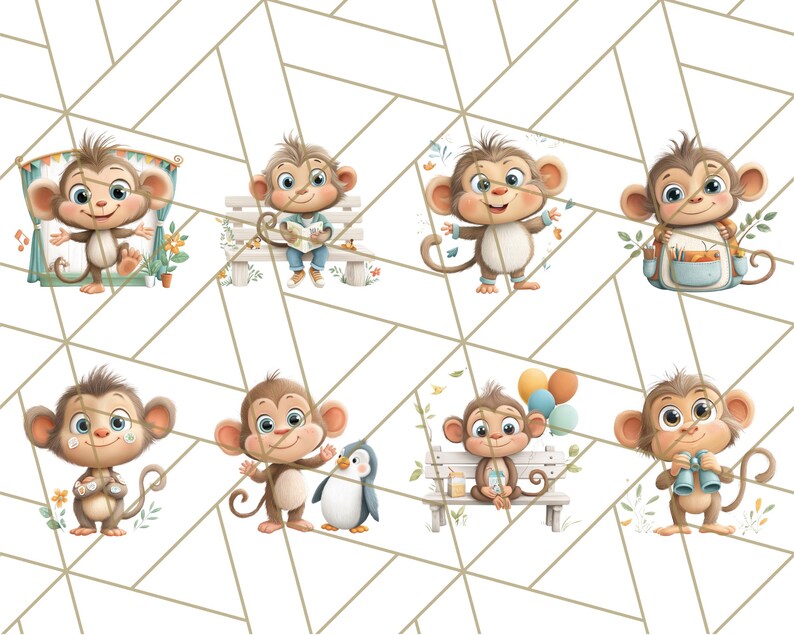 May include: A collection of eight cartoon monkey illustrations. Each monkey is depicted in a different pose, some holding objects like binoculars, balloons, or a penguin. The monkeys have brown fur, large eyes, and are set against a white background with a geometric pattern.
