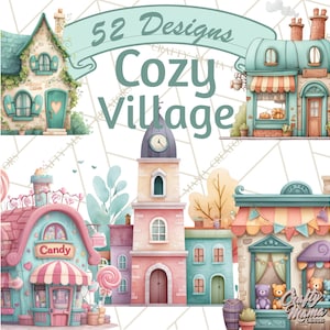 52 Png, Cute Neighborhood Clipart, Whimsical Town PNG, Houses Shops Post Office Bakery Trees Scene Builder, Printable Clip Art PNG