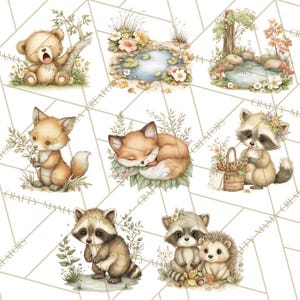 May include: A collection of watercolour illustrations featuring woodland creatures such as a bear, fox, and raccoon. The images have soft colours, floral details, and a pond scene. The style is whimsical, suitable for children's decor or craft projects.