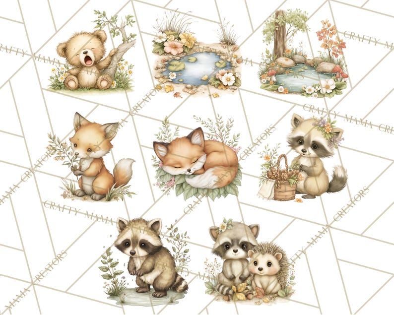May include: A collection of watercolour illustrations featuring woodland creatures such as a bear, fox, and raccoon. The images have soft colours, floral details, and a pond scene. The style is whimsical, suitable for children's decor or craft projects.