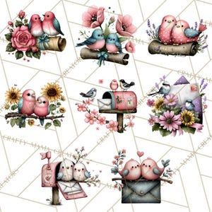 May include: Watercolor illustrations of birds in various settings. The images feature pairs of birds perched on branches, near flowers, and on a mailbox. The birds are primarily pink, blue, and white, with floral accents.