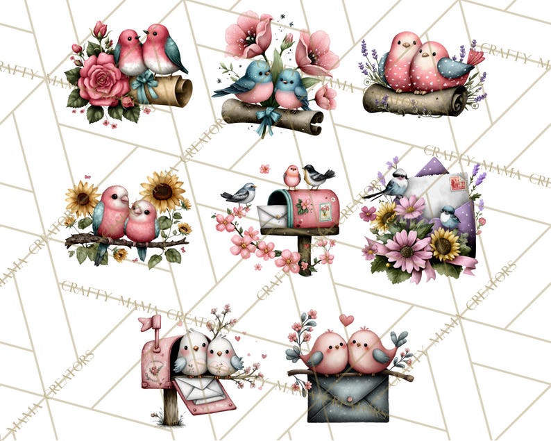 May include: Watercolor illustrations of birds in various settings. The images feature pairs of birds perched on branches, near flowers, and on a mailbox. The birds are primarily pink, blue, and white, with floral accents.