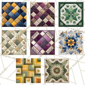 Peut inclure: Collection de sept blocs de courtepointe carr&eacute;s avec divers motifs. Les blocs pr&eacute;sentent des motifs de diamants, floraux et g&eacute;om&eacute;triques dans des tons de bleu, jaune, vert, violet et beige. Chaque bloc est encadr&eacute;.