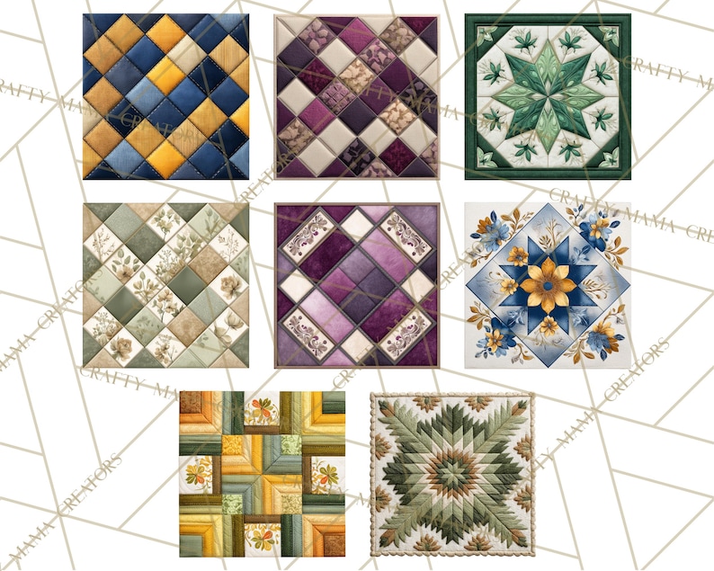 Peut inclure: Collection de sept blocs de courtepointe carr&eacute;s avec divers motifs. Les blocs pr&eacute;sentent des motifs de diamants, floraux et g&eacute;om&eacute;triques dans des tons de bleu, jaune, vert, violet et beige. Chaque bloc est encadr&eacute;.
