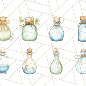 Puede incluir: Ocho ilustraciones de acuarela de botellas de vidrio con tapones de corcho. Las botellas son de varias formas y tama&ntilde;os, y algunas tienen una cuerda decorativa atada alrededor del cuello. Las botellas est&aacute;n llenas de l&iacute;quidos de diferentes colores, incluyendo azul, verde y transparente.