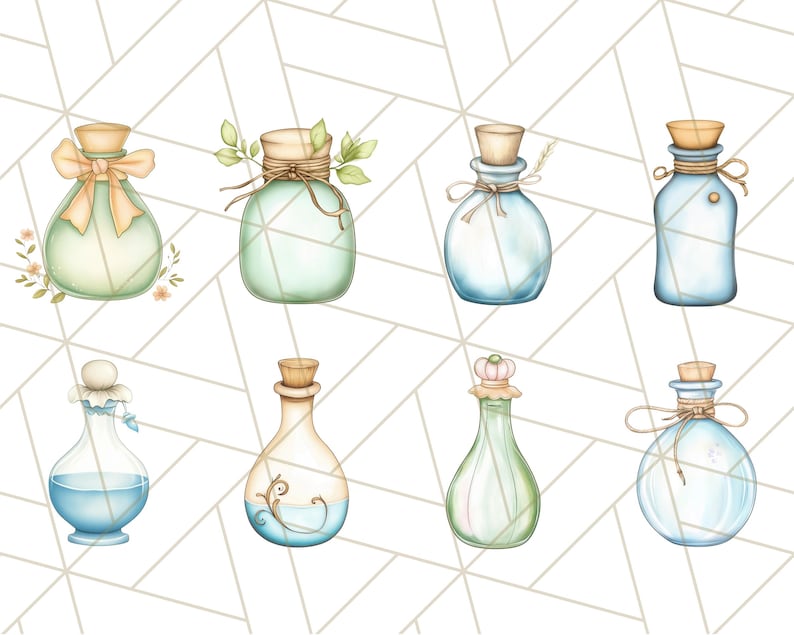 Puede incluir: Ocho ilustraciones de acuarela de botellas de vidrio con tapones de corcho. Las botellas son de varias formas y tama&ntilde;os, y algunas tienen una cuerda decorativa atada alrededor del cuello. Las botellas est&aacute;n llenas de l&iacute;quidos de diferentes colores, incluyendo azul, verde y transparente.