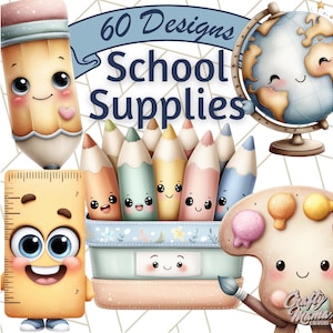 Könnte beinhalten: Aquarell-Illustration von Schulmaterialien mit lächelnden Gesichtern. Enthält einen Bleistift, ein Lineal, Buntstifte, einen Globus und eine Farbpalette mit einem Pinsel. Der Text "60 Designs School Supplies" wird auf einem Banner angezeigt.