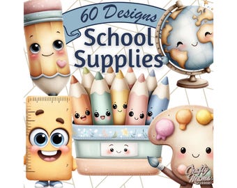 60 imágenes PNG, imágenes prediseñadas de útiles escolares simples, imágenes prediseñadas PNG lindas para el aula, lápiz, libro, crayón, borrador, carpeta, regla, gráficos para maestros