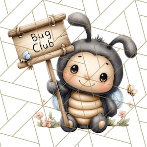 Puede incluir: Un simp&aacute;tico personaje de dibujos animados disfrazado de abeja, sosteniendo un letrero de madera que dice "Bug Club". El personaje es gris y beige con ojos grandes, alas y una cara sonriente. Peque&ntilde;as flores y mariposas.
