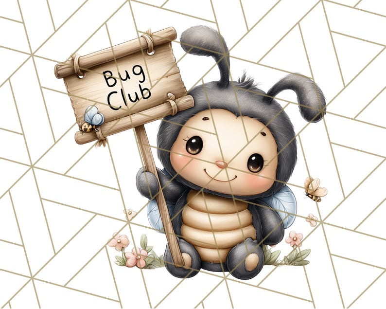 Puede incluir: Un simp&aacute;tico personaje de dibujos animados disfrazado de abeja, sosteniendo un letrero de madera que dice "Bug Club". El personaje es gris y beige con ojos grandes, alas y una cara sonriente. Peque&ntilde;as flores y mariposas.