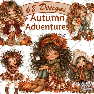 May include: A digital collection of 68 designs titled Autumn Adventures featuring illustrations of children with long wavy hair wearing sweaters, scarves, and boots in fall colors, surrounded by pumpkins, autumn leaves, and a campfire.