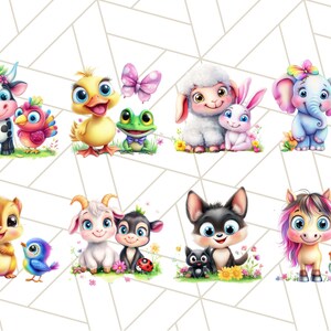 May include: A set of 10 adorable cartoon animal illustrations featuring a cow, duck, frog, sheep, rabbit, elephant, squirrel, goat, dog, and a unicorn. Each animal is depicted in a playful and colorful style with bright colors and whimsical details.