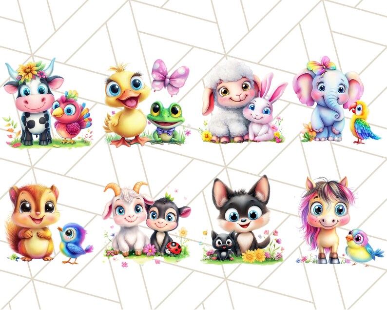 May include: A set of 10 adorable cartoon animal illustrations featuring a cow, duck, frog, sheep, rabbit, elephant, squirrel, goat, dog, and a unicorn. Each animal is depicted in a playful and colorful style with bright colors and whimsical details.