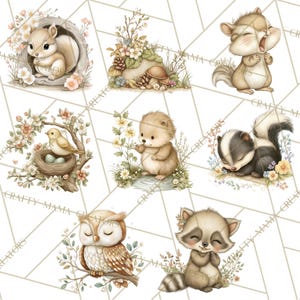 May include: Watercolour illustrations of woodland creatures, including a squirrel in a tree hollow, a yawning chipmunk, a skunk, a raccoon, a bird in a nest, a hedgehog, and an owl. Soft colours and floral accents are featured.