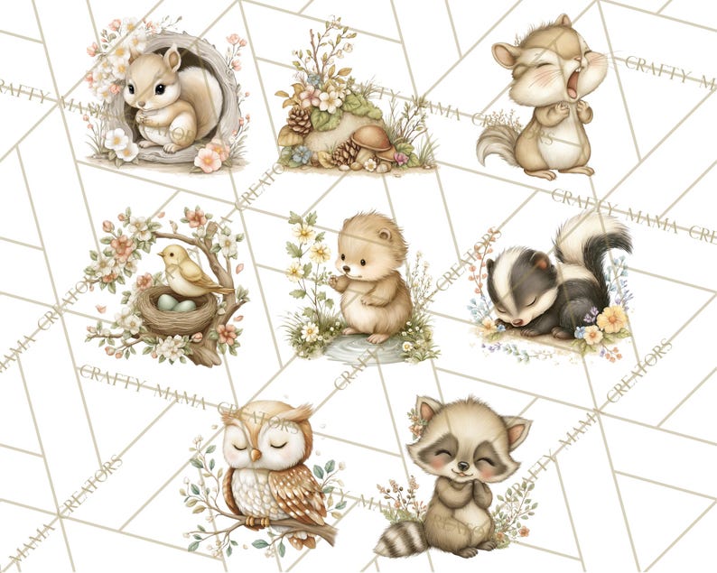 May include: Watercolour illustrations of woodland creatures, including a squirrel in a tree hollow, a yawning chipmunk, a skunk, a raccoon, a bird in a nest, a hedgehog, and an owl. Soft colours and floral accents are featured.