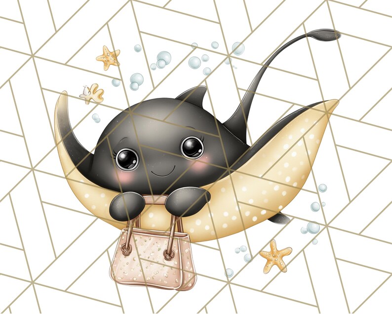 K&ouml;nnte beinhalten: Cartoon-Illustration eines l&auml;chelnden Rochens mit schwarzem K&ouml;rper und beigefarbenen Fl&uuml;geln, der eine rosa Handtasche h&auml;lt. Der Hintergrund zeigt Blasen, Seesterne und ein geometrisches Muster.