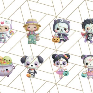 May include: A collection of eight whimsical Halloween-themed illustrations. Characters include a robot, scarecrow, bear, skeleton, and sugar skull figures. Each character is holding a treat bucket or a cauldron of treats. The illustrations are set against a geometric background.