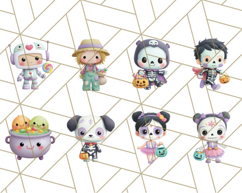 May include: A collection of eight whimsical Halloween-themed illustrations. Characters include a robot, scarecrow, bear, skeleton, and sugar skull figures. Each character is holding a treat bucket or a cauldron of treats. The illustrations are set against a geometric background.
