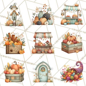 May include: Watercolor illustrations of autumn-themed elements. The images include pumpkins, gourds, and fall harvest scenes. There are also images of a scarecrow, market stalls, and a cornucopia, all in a warm, inviting color palette.
