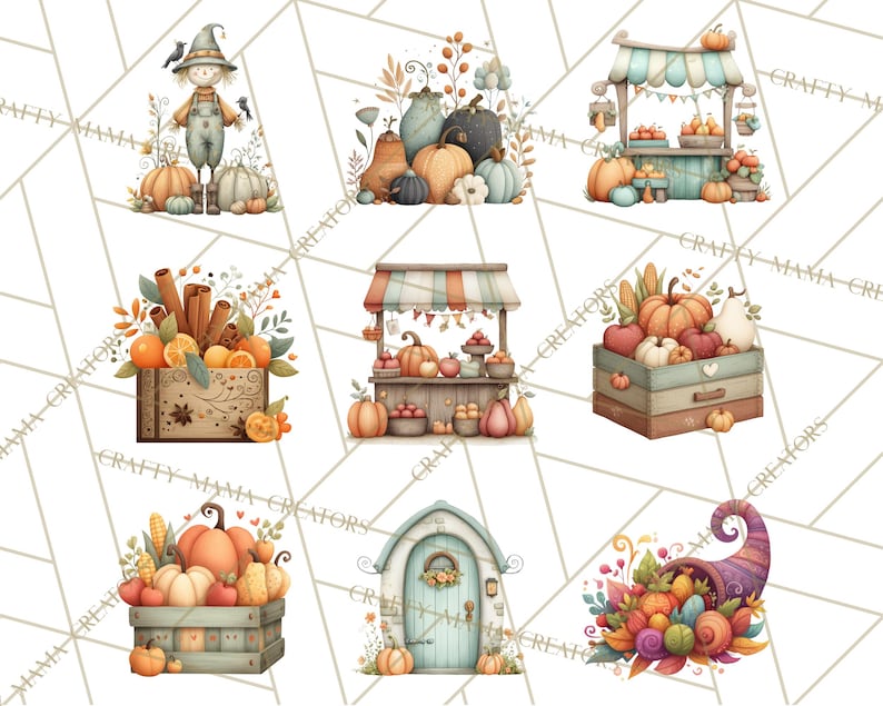 May include: Watercolor illustrations of autumn-themed elements. The images include pumpkins, gourds, and fall harvest scenes. There are also images of a scarecrow, market stalls, and a cornucopia, all in a warm, inviting color palette.