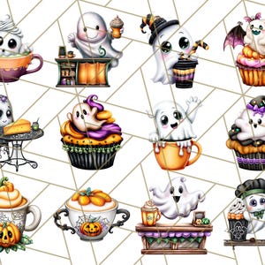 May include: A collection of whimsical Halloween-themed illustrations featuring cute ghost characters. The ghosts are depicted in various scenarios, including enjoying coffee, cupcakes, and working at a cafe. The color palette includes orange, purple, and black.