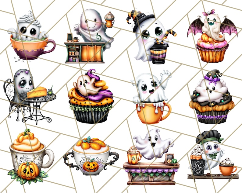 May include: A collection of whimsical Halloween-themed illustrations featuring cute ghost characters. The ghosts are depicted in various scenarios, including enjoying coffee, cupcakes, and working at a cafe. The color palette includes orange, purple, and black.
