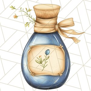 Puede incluir: Una botella de vidrio azul con un tap&oacute;n de corcho y una cinta marr&oacute;n atada alrededor del cuello. La botella tiene una etiqueta con una peque&ntilde;a planta y una baya azul.