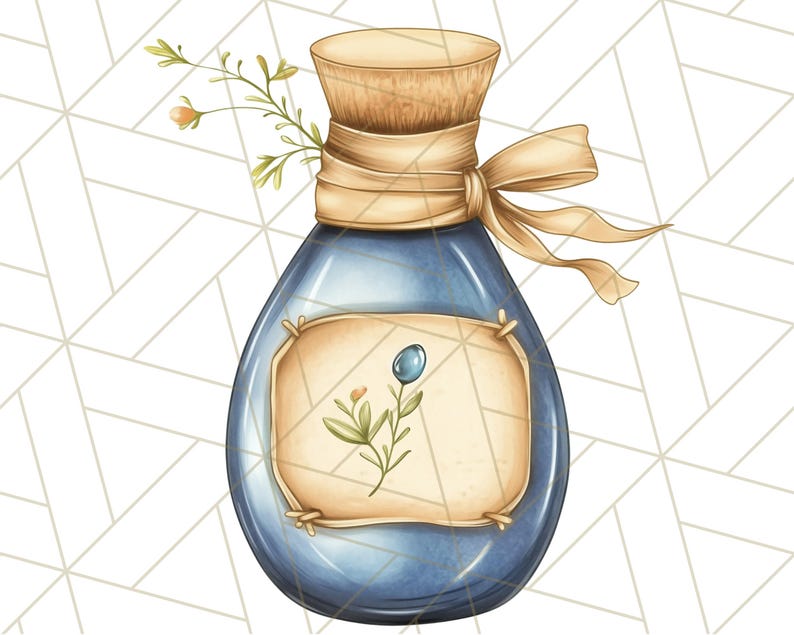 Puede incluir: Una botella de vidrio azul con un tap&oacute;n de corcho y una cinta marr&oacute;n atada alrededor del cuello. La botella tiene una etiqueta con una peque&ntilde;a planta y una baya azul.
