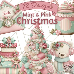May include: A digital illustration featuring a Christmas theme with a mint and pink color palette. The image includes a decorated Christmas tree, a teddy bear with earmuffs and a scarf, gift boxes, and a Santa envelope. The text "72 Designs" and "Mint & Pink Christmas" are also visible.