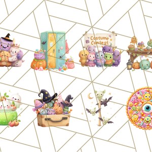 Pu&ograve; includere: Illustrazioni ad acquerello di personaggi e oggetti a tema Halloween. Le scene includono creature in costume, zucche, un armadietto, un tavolo con dolcetti, pipistrelli e un occhio ricoperto di caramelle. Il tema generale &egrave; stravagante e festoso.