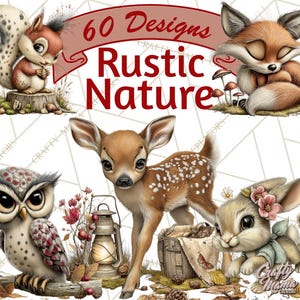 May include: Digital art featuring woodland creatures, including a squirrel, fox, owl, deer, and rabbit. The image has the text "60 Designs Rustic Nature" in a banner. The animals are set against a backdrop of leaves and a lantern.