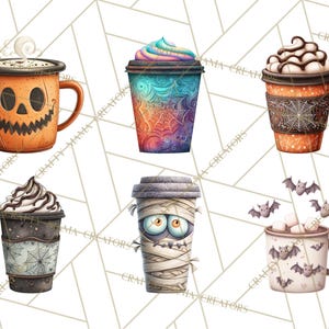 May include: A collection of six Halloween-themed coffee cups and mugs. The designs include a jack-o'-lantern, a colorful web design, a spider web, a mummy, and a mug with bats. Each cup is filled with a different topping.