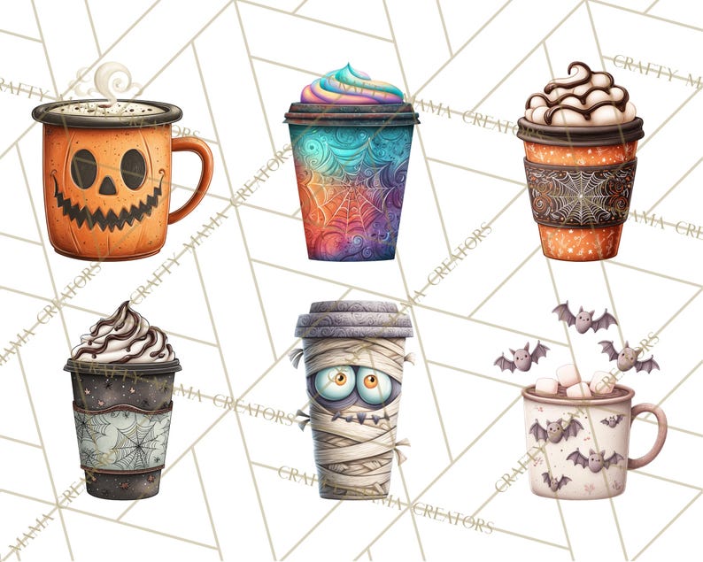 May include: A collection of six Halloween-themed coffee cups and mugs. The designs include a jack-o'-lantern, a colorful web design, a spider web, a mummy, and a mug with bats. Each cup is filled with a different topping.