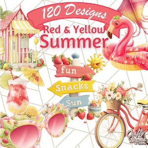May include: 120 summer designs in red and yellow featuring a beach hut, a flamingo float, a bicycle with flowers, sunglasses, and signs that say "fun", "snacks", and "sun".