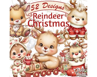 52 Png, Christmas Reindeer Clipart PNG, Cute Kawaii Chubby Deer Hot Cocoa Snowball Fight Cookies Gifts, Festive Holiday Mini World Printable