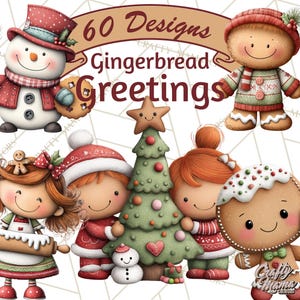 K&ouml;nnte beinhalten: Digitale Illustration mit weihnachtlichen Lebkuchenfiguren und einem Schneemann. Das Bild enth&auml;lt einen Weihnachtsbaum und den Text "60 Designs Gingerbread Greetings". Die Figuren tragen festliche Kleidung.