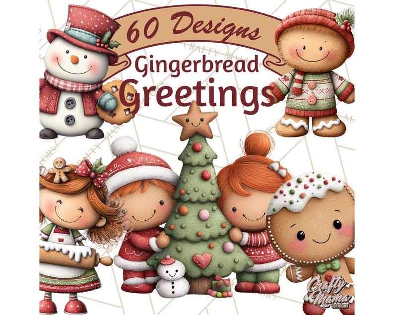 K&ouml;nnte beinhalten: Digitale Illustration mit weihnachtlichen Lebkuchenfiguren und einem Schneemann. Das Bild enth&auml;lt einen Weihnachtsbaum und den Text "60 Designs Gingerbread Greetings". Die Figuren tragen festliche Kleidung.