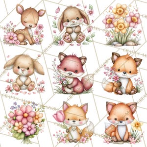 May include: Nine watercolour illustrations of woodland animals and flowers. The images include a deer, rabbits, and foxes, each surrounded by pink and yellow flowers. The illustrations have a soft, pastel colour palette and are set against a geometric background.