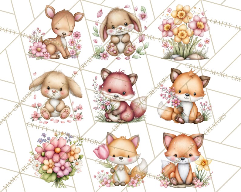 May include: Nine watercolour illustrations of woodland animals and flowers. The images include a deer, rabbits, and foxes, each surrounded by pink and yellow flowers. The illustrations have a soft, pastel colour palette and are set against a geometric background.
